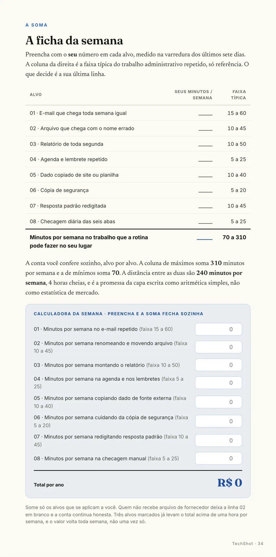 Calculadora: A ficha da semana: preenche os seus minutos e a soma fecha sozinha
